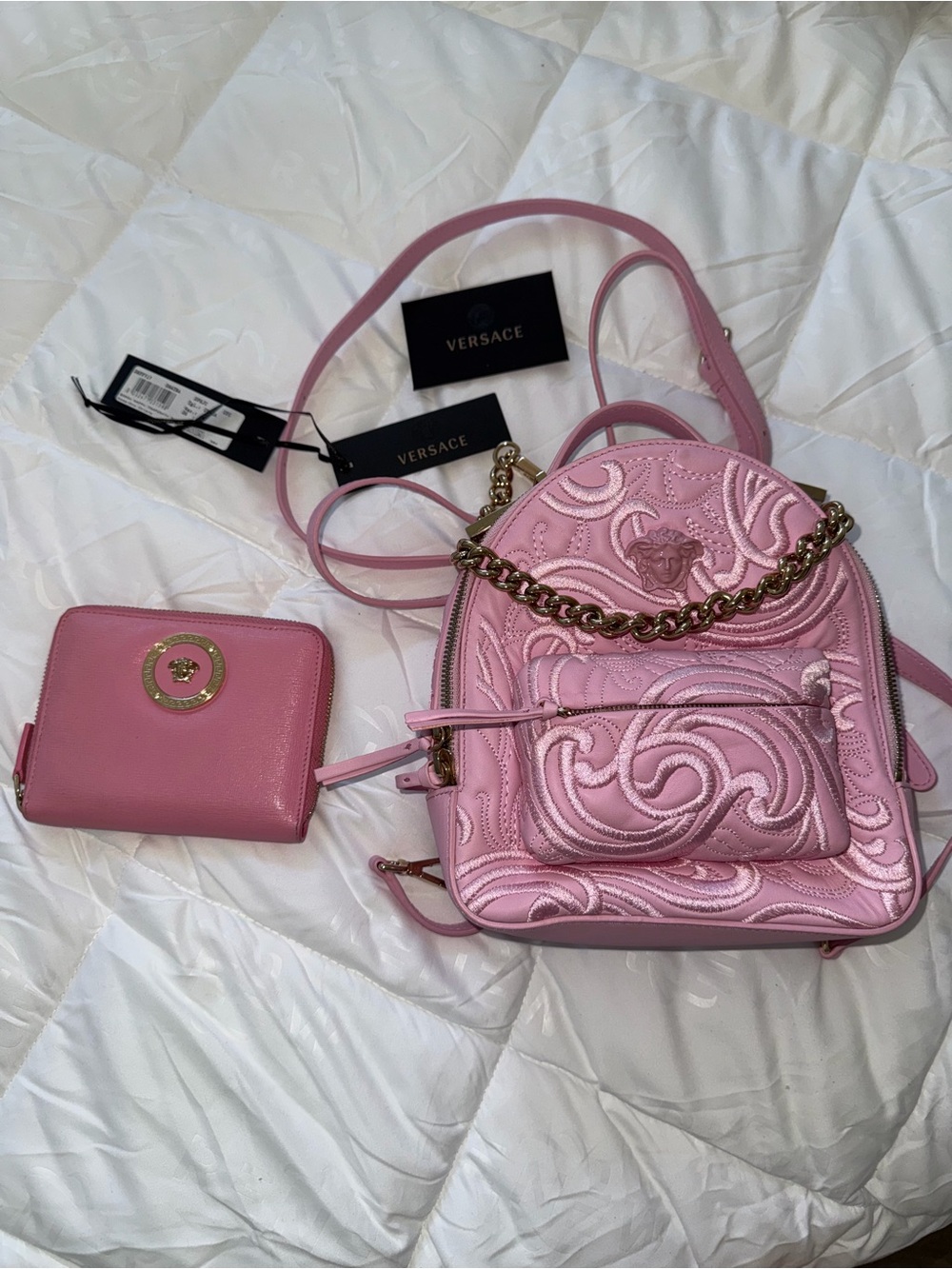 Versace Pink Quilted Mini Backpack with Chain and Matching Wallet